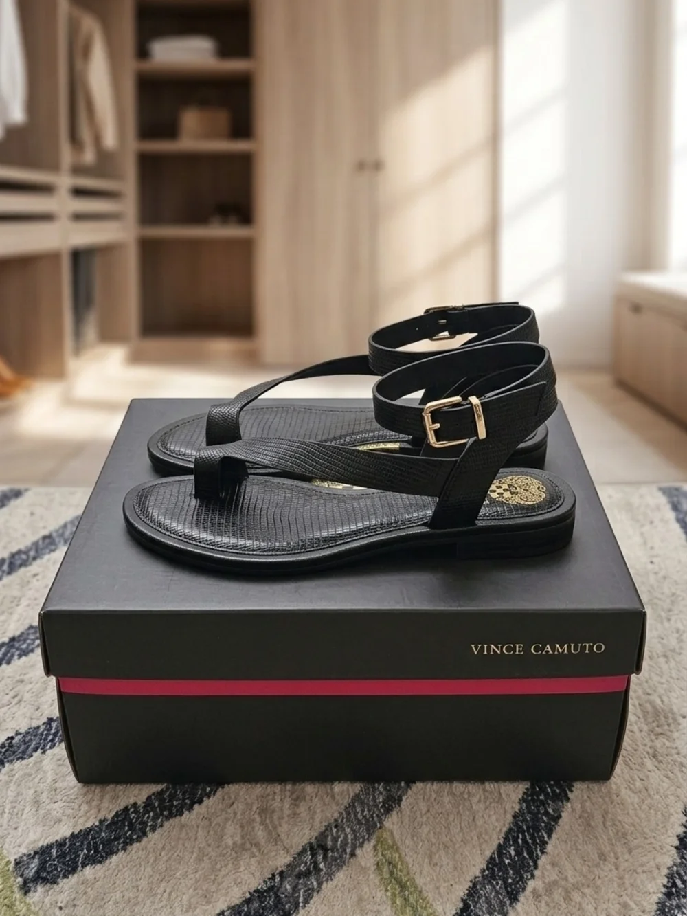 Vince Camuto Black Ankle-Strap Toe-Ring Sandals with Gold Buckle